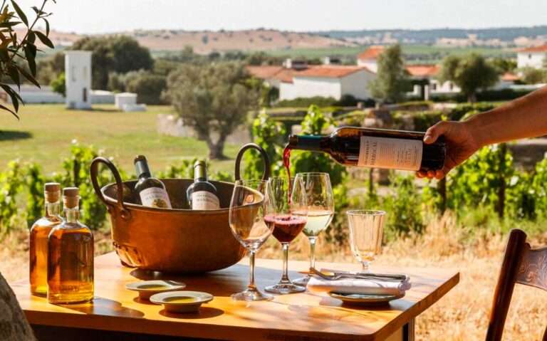 Em um dia de sol, área externa de um Hotel vinícola Portugal com vinhos e azeites, servido em mesa com vista para as montanhas