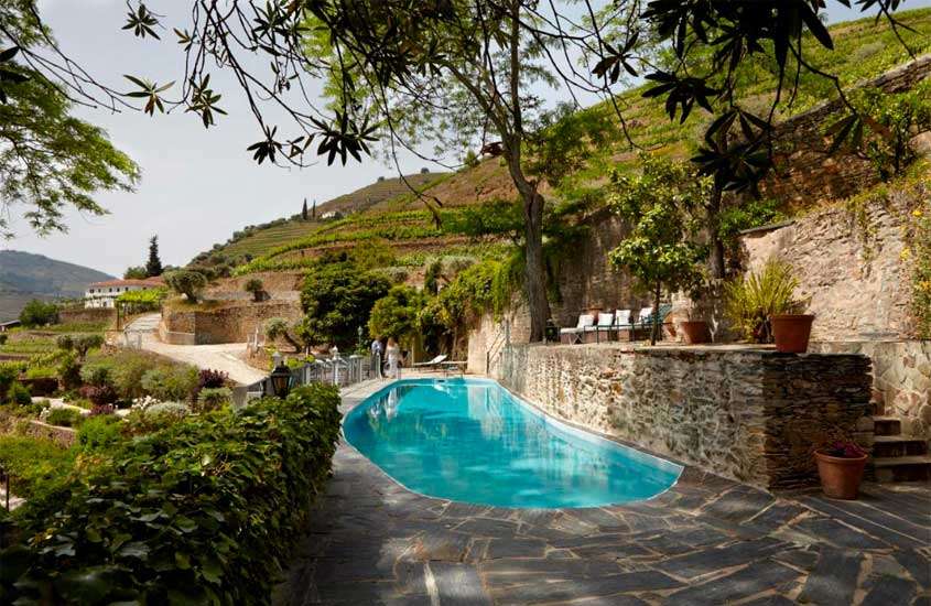 Em um dia de sol, área de lazer de Hotel vinícola Portugal com piscina, cadeiras acolchoadas, espreguiçadeira, vasos de planta e árvores