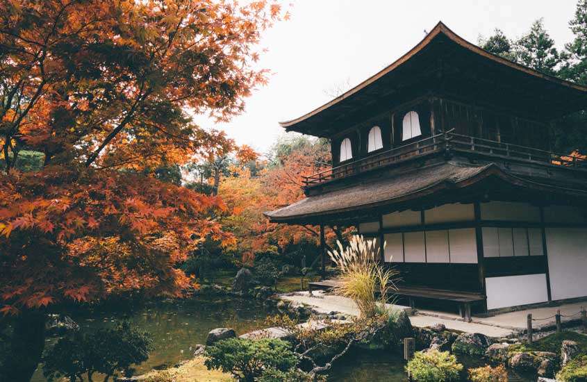 Em dia nublado, um templo em kyoto com árvores coloridas, plantas e lago ao redor