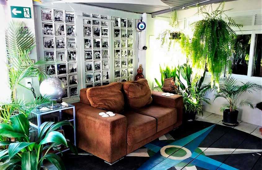 Durante o dia, área de lazer de um dos hostels em búzios com sofá, plantas decorativas e paredão de fotos