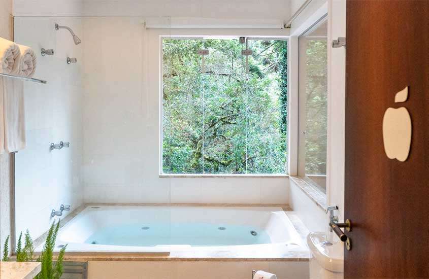 Banheiro de um hotel para lua de mel no interior de sp com vaso, banheiro, toalhas, planta decorativa e janela