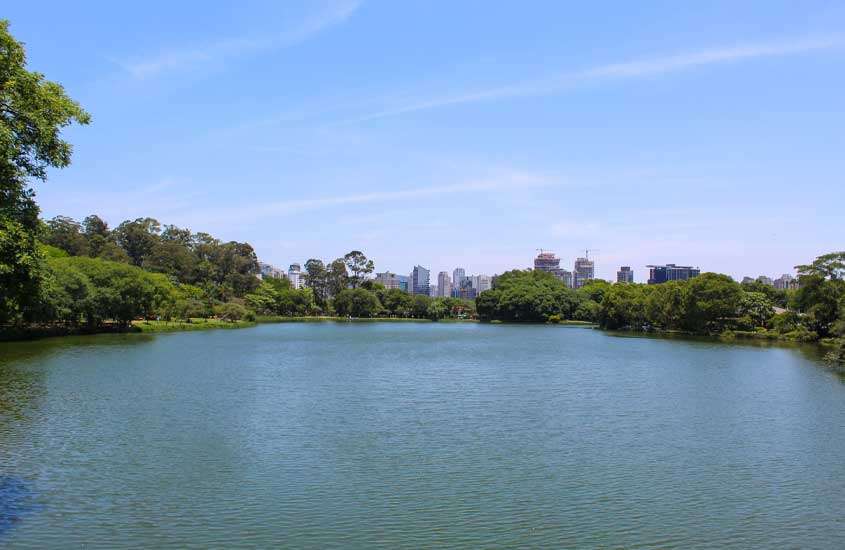 Em um dia de sol, paisagem do parque ibirapuera com lago no meio e várias árvores ao redor