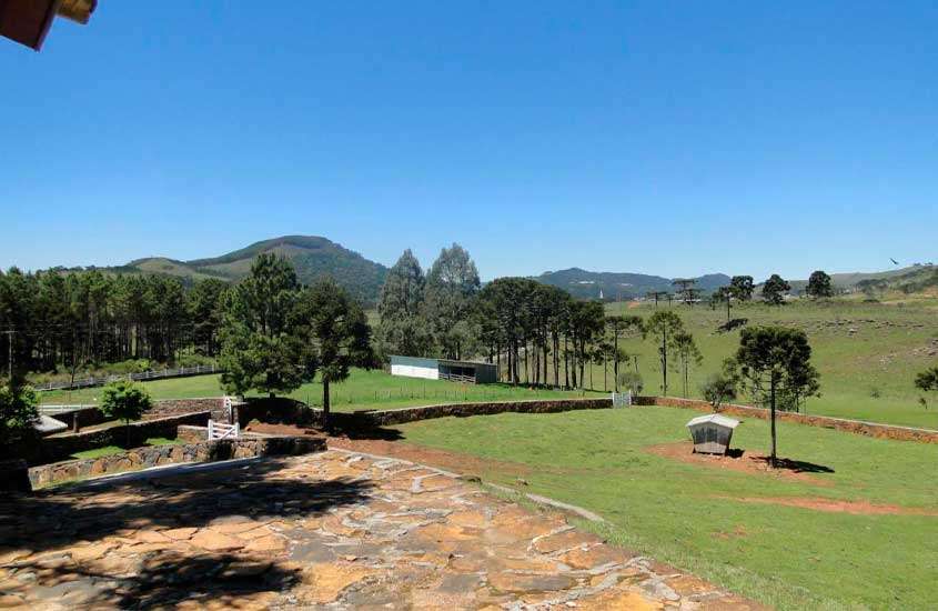 Em um dia ensolarado, área externa de um dos hotéis fazenda em santa catarina com parte gramada, árvores ao redor e parte de pedra
