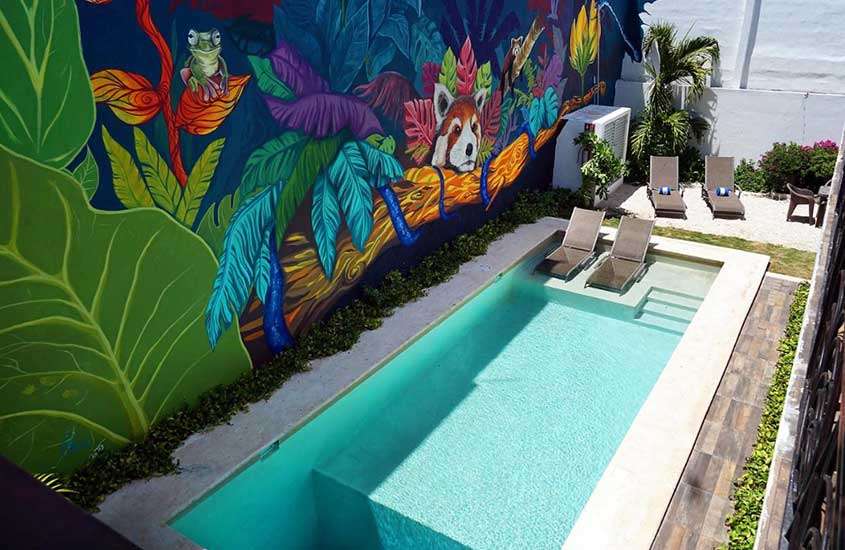 Vista aérea de área de lazer com piscina, parede decorada, espreguiçadeiras e plantas ao redor