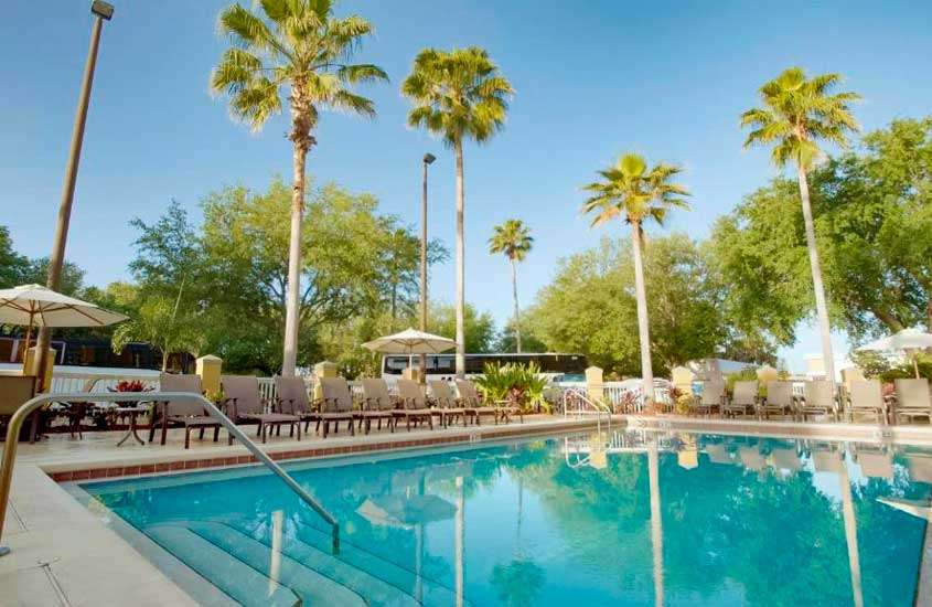 Em um dia de sol, área de lazer de um dos hotéis baratos em Orlando perto da disney com piscina, cadeiras, espreguiçadeiras, guarda-sóis e árvores ao redor