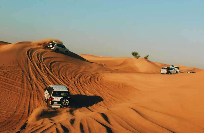 Em um dia de sol, jeeps em deserto de areia com árvore ao lado