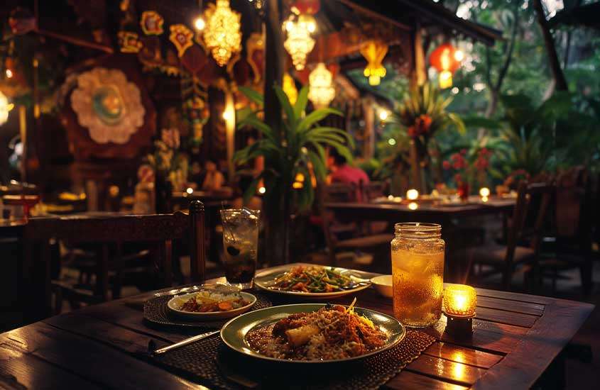 Durante a noite, restaurante com mesa posta, plantas e decorações temáticas