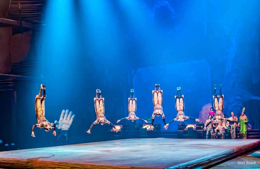 Artistas do cirque de soleil em apresentação com luzes coloridas iluminando
