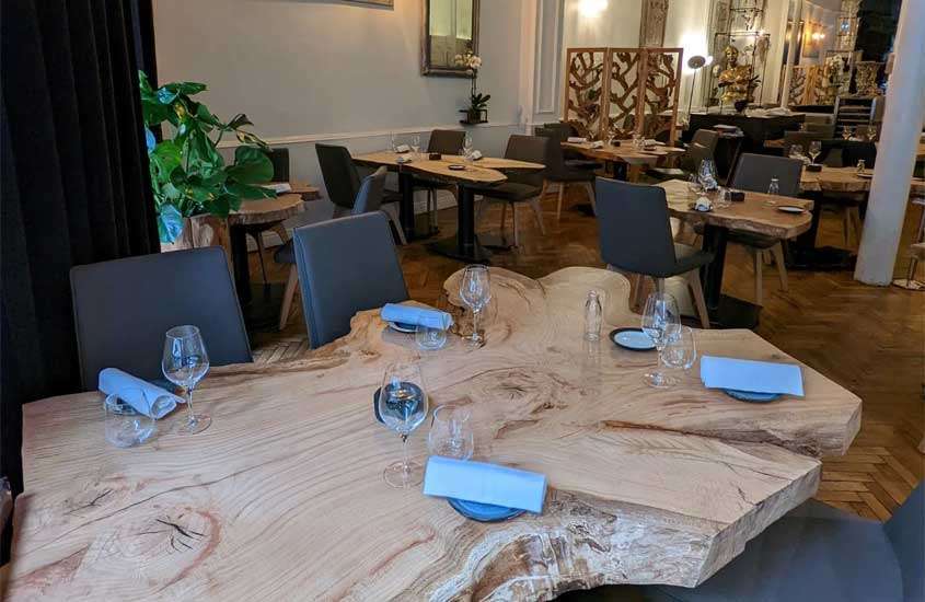 Interior de restaurante com mesas, cadeiras e plantas decorativas