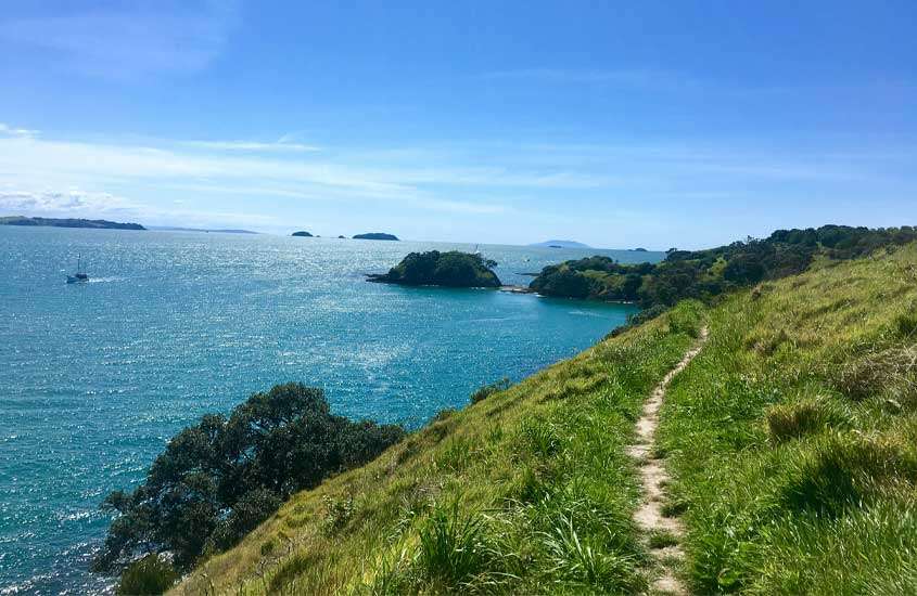 Em um dia de sol, Ilha Waiheke, um pontos turísticos de Auckland com árvores e mar ao redor
