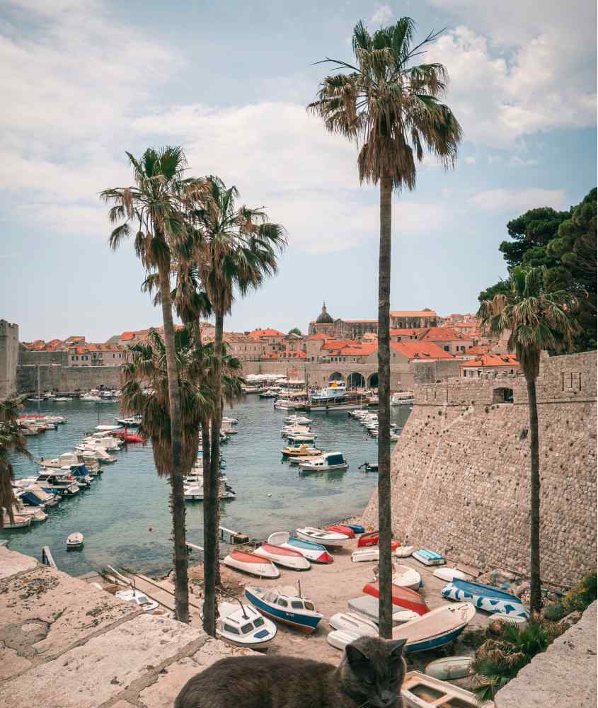 Em um dia de sol com nuvens, paisagem de Dubrovnik com árvores, barcos no mar e casas atrás