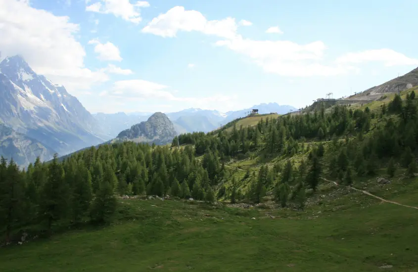 Trilha verde nas montanhas de Chamonix em um dia ensolarado, com céu azul e poucas nuvens