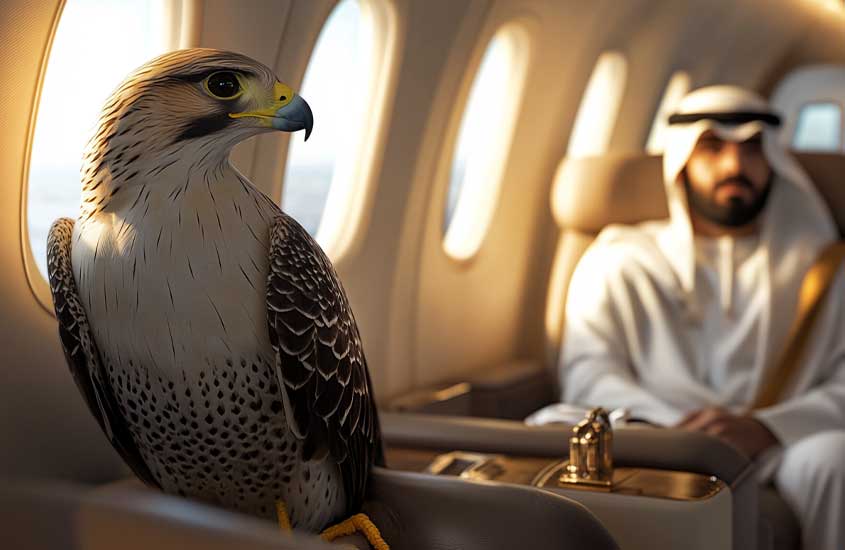 Um falcão de rapina em um assento de primeira classe, ao lado de um homem em trajes árabes, em um avião privado.