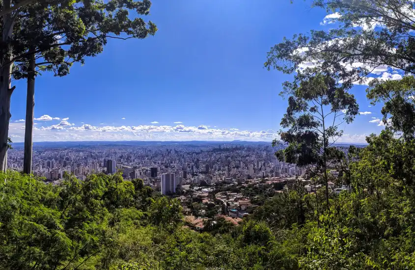 Vista ampla da cidade de Belo Horizonte em um dia ensolarado, com prédios ao fundo, cercados por vegetação densa