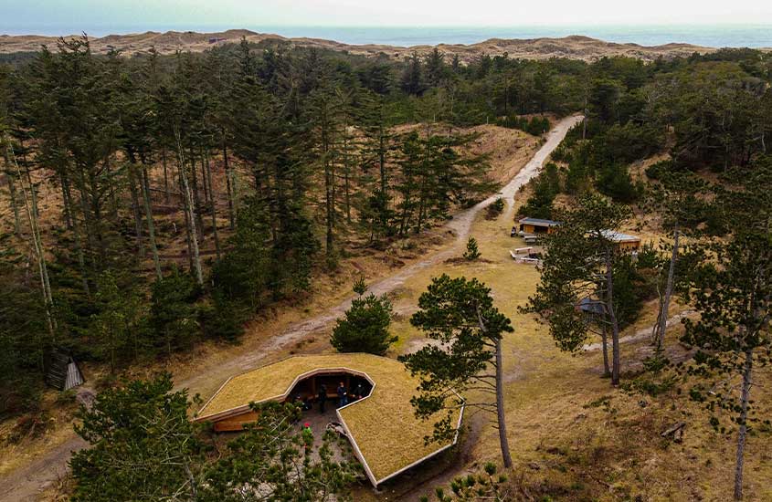 Vista aérea de uma cabana em meio à floresta dinamarquesa