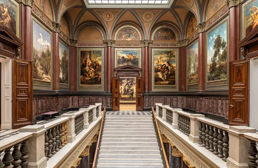 Galeria da Kunsthalle Hamburg, com escadaria e pinturas clássicas nas paredes.