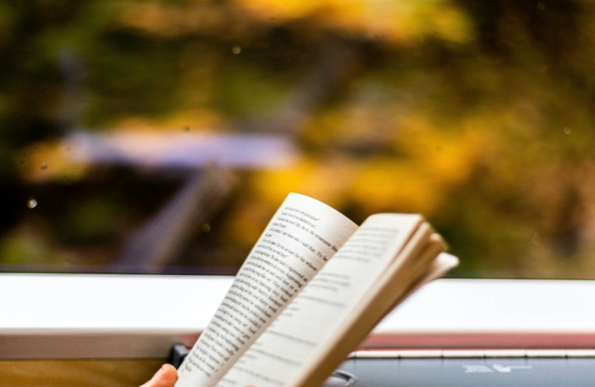 Pessoa lendo um livro em um ambiente calmo, com paisagem de fundo embaçada