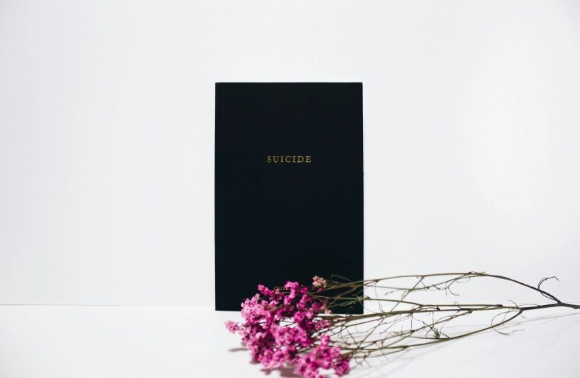 Livro com a palavra 'Suicide' na capa e flores cor-de-rosa ao lado, em um fundo branco