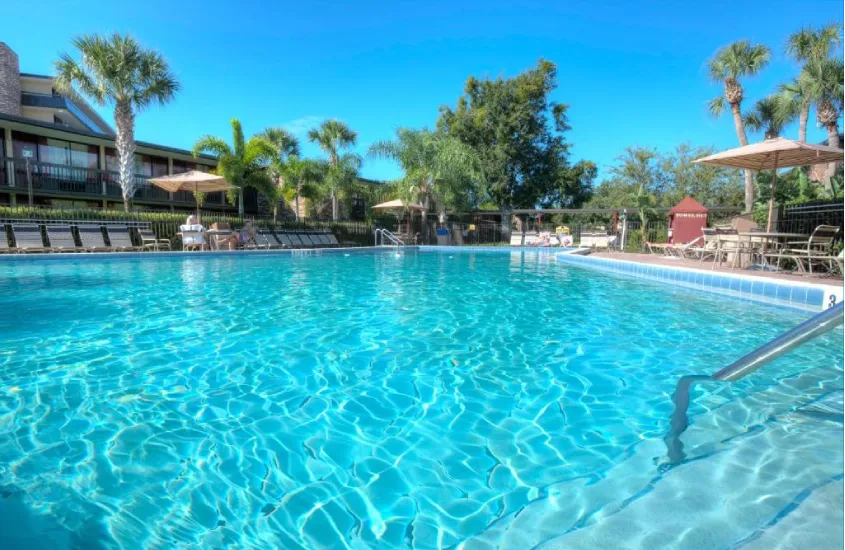 Piscina externa no Rosen Inn International, rodeada por cadeiras de sol e palmeiras ao fundo em um dia ensolarado.