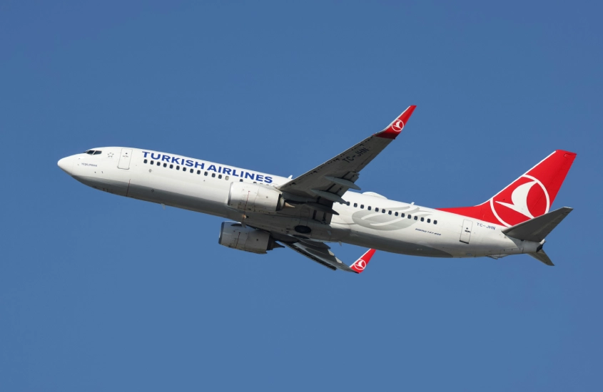 Avião da Turkish Airlines em pleno voo, com céu azul ao fundo