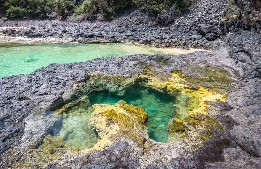 Piscina natural com águas em tons de verde e amarelo cercada por rochas vulcânicas e vegetação densa em Noronha.