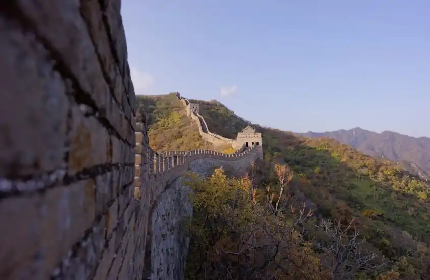 A Grande Muralha da China serpenteando pelas montanhas sob um céu claro, com vegetação verde e amarela ao redor.