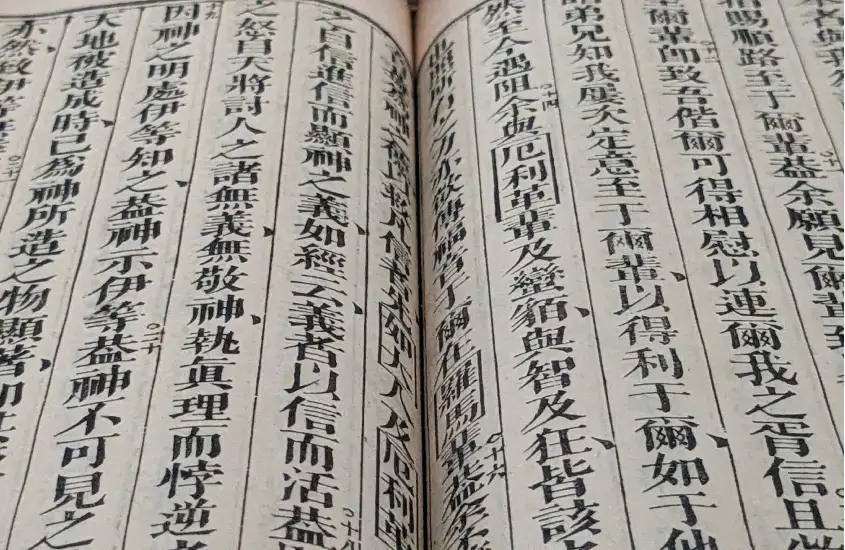 Páginas de um livro com caracteres chineses dispostos em colunas verticais, mostrando o estilo de escrita tradicional.