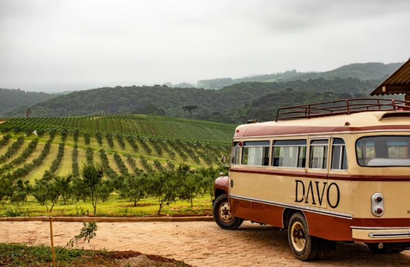 Em um dia nublado, plantação na frente e ônibus decorado na frente