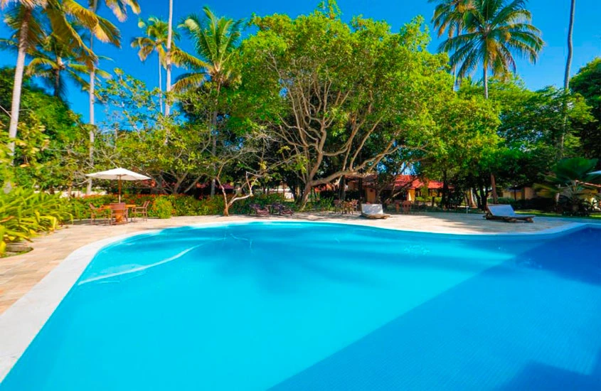 Em um dia de sol, área de lazer de um hotel com recreação infantil no nordeste com piscina, espreguiçadeiras e árvores ao redor