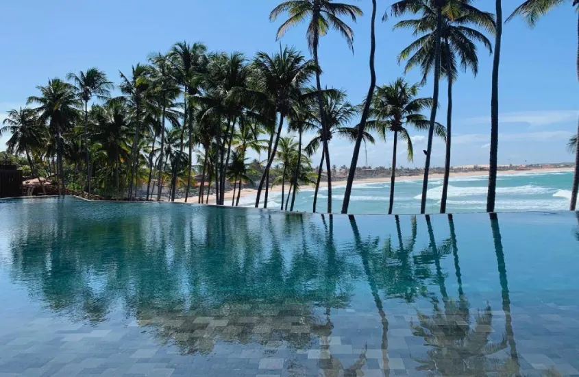 Piscina de borda infinita refletindo o céu azul, rodeada por palmeiras altas que emolduram a vista da praia ao fundo.