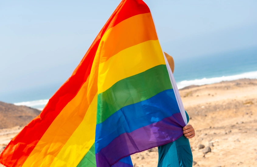 Uma bandeira arco-íris é segurada ao vento por uma pessoa parcialmente oculta, com um fundo de paisagem seca e o mar ao longe.