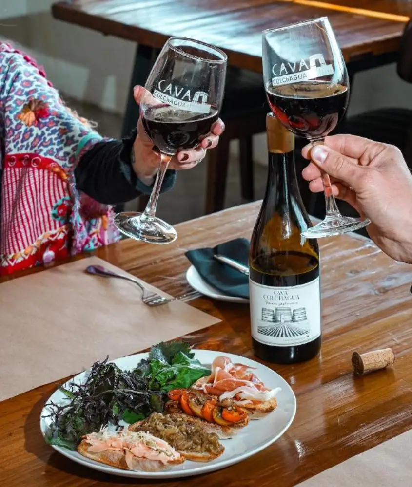 Duas pessoas brindando com taças de vinho tinto em uma mesa rústica, acompanhadas de uma garrafa de vinho e um prato com aperitivos variados.