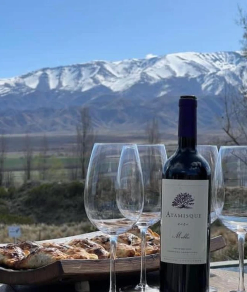 Taças de vinho com petiscos ao redor e vista das montanhas