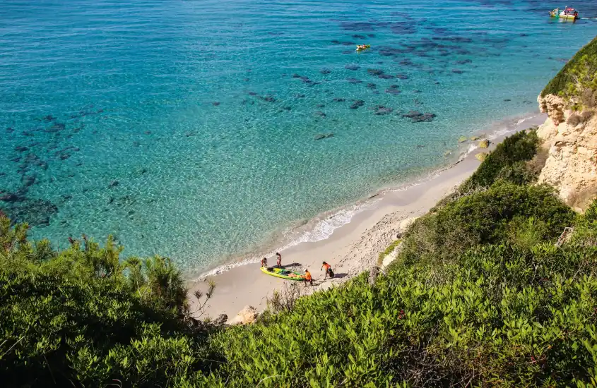 Visão aérea da praia com mar de um lado, árvores do outro e pessoas no meio.