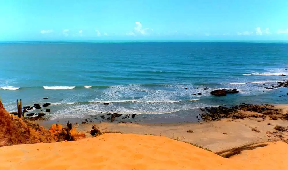 Vista panorâmica de areia e mar de praia, vazios, durante o dia, em Jericoacoara, um dos lugares para viajar a dois