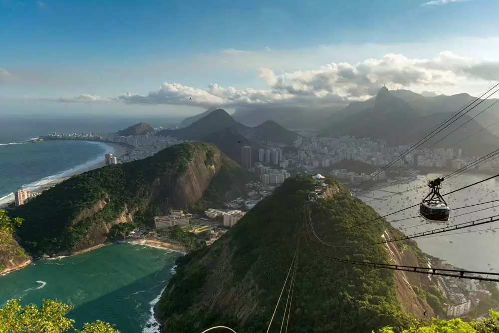 teleférico branco e preto passando em cabos que conectam o topo de duas montanhas, no Rio de Janeiro, durante o dia