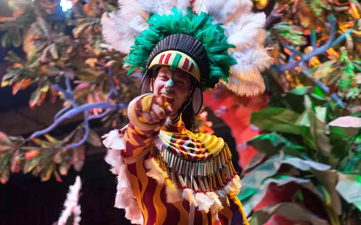 Homem com chapéu de penas e roupa com estampa de girafa aponta o dedo indicador para frente e sorri em meio ao Carnaval no Rio de Janeiro