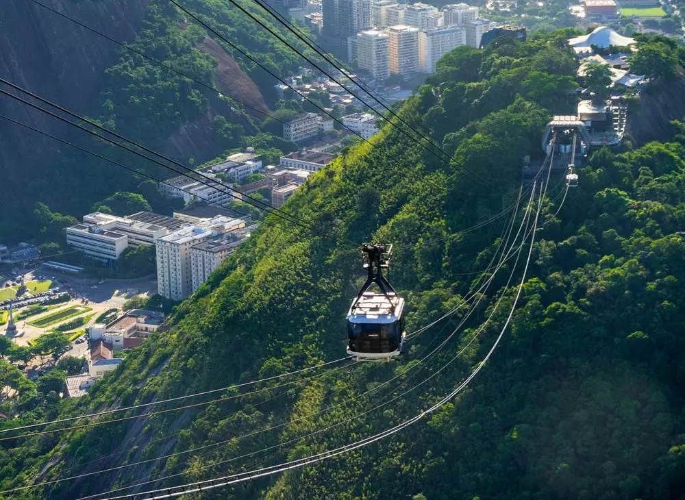 teleférico branco e preto passando em cabos que conectam o topo de duas montanhas, no Rio de Janeiro