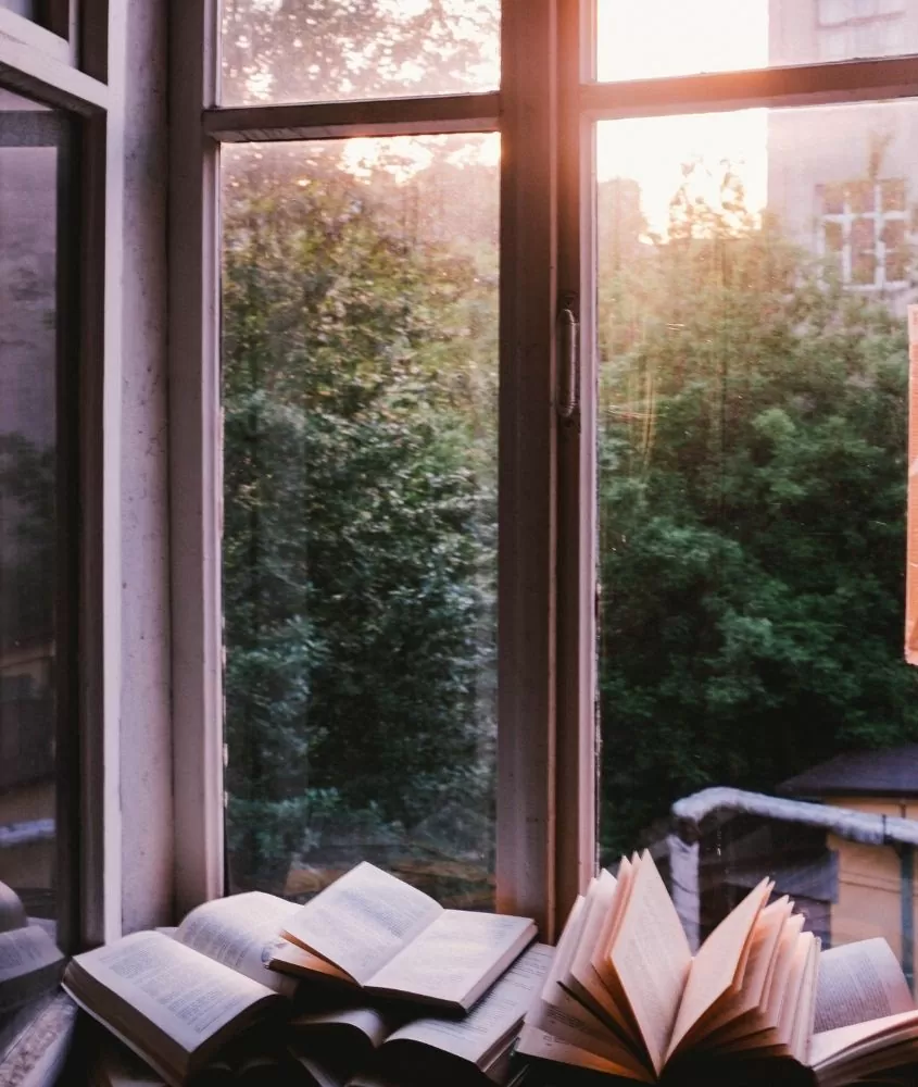 Livros em frente à janela com paisagem e pôr do sol