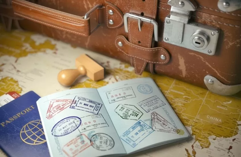 planejamento, mla, mapa, passaporte, carimbo, visto, viagem