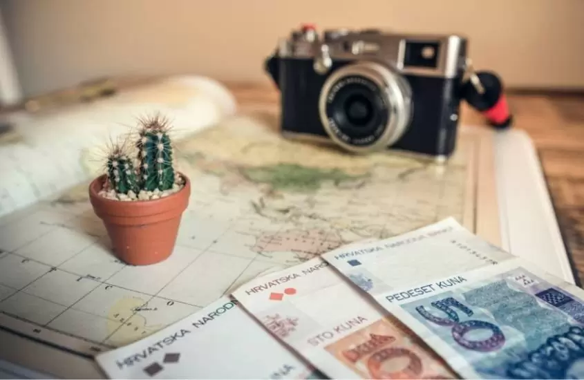 mapa, câmera, euros e cactos sobre mesa