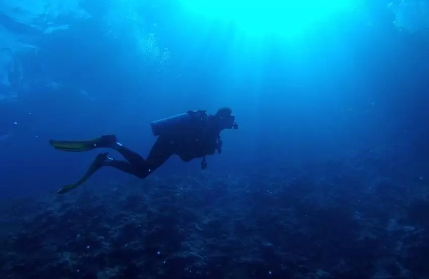 viajante com equipamentos de mergulho, nada no fundo do mar