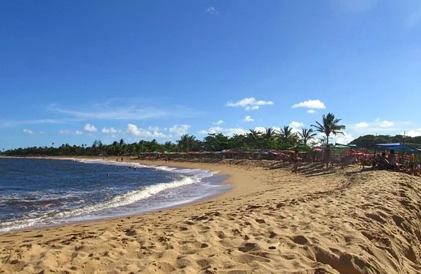 vista panorâmica de mar e areia cercada por coqueiros, durante dia ensolarado em praia de caraíva