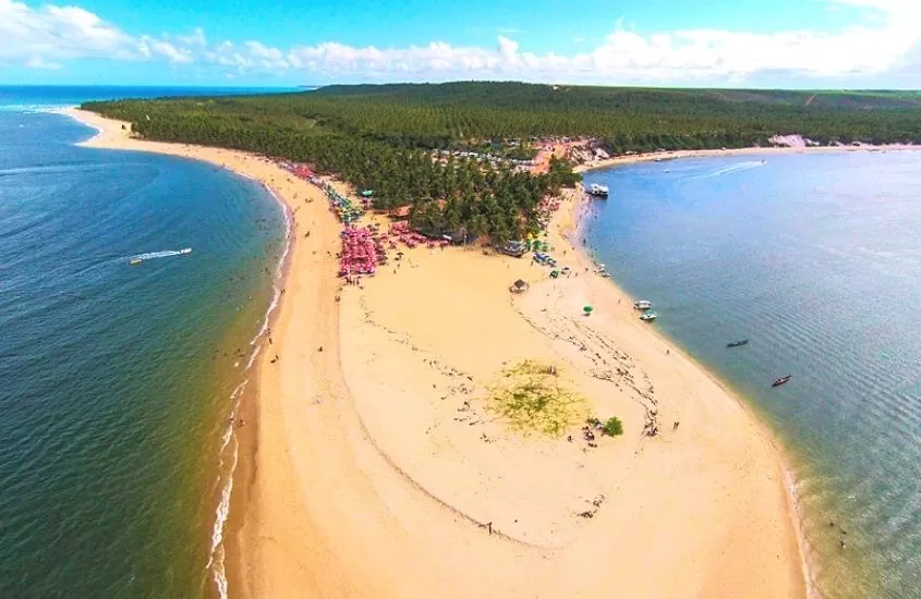 vista aérea de mar dividido por banco de areia, durante dia ensolarado em praia do gunga, um dos principais passeios em maceió