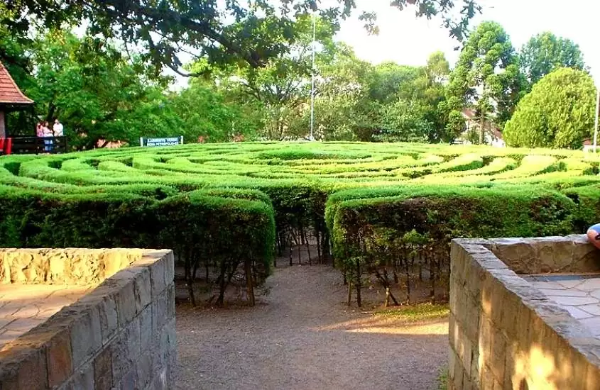 labirinto circular formado por plantas, localizado na praça das flores, durante o dia