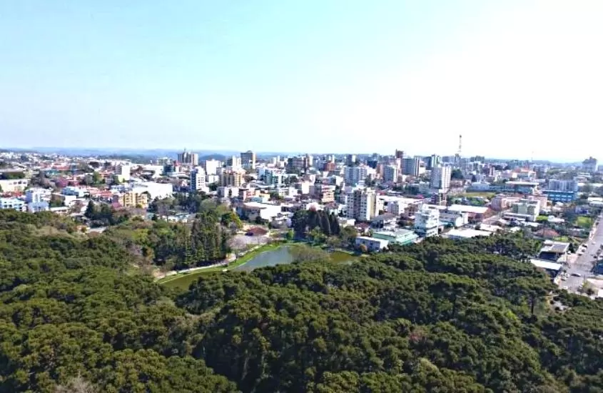 vista aérea de vegetação, lago e ao fundo prédios, durante o dia em Farroupilha RS
