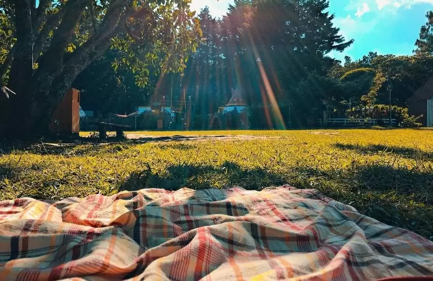 toalha quadriculada estendida em gramado de parque itaimbé, um dos lugares para visitar em uma viagem para santa maria