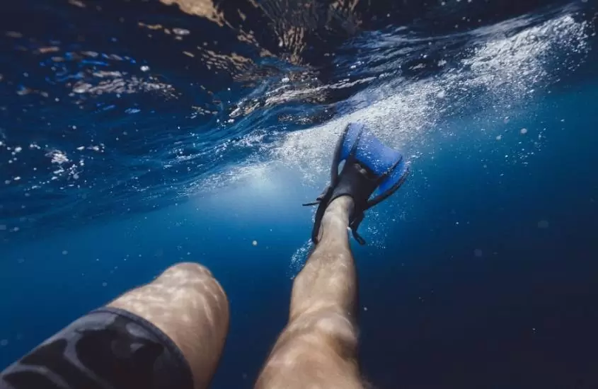 perna de pessoa de joelho para baixo, com pé de pato durante mergulho em água cristalina, um dos melhores passeios na praia dos carneiros