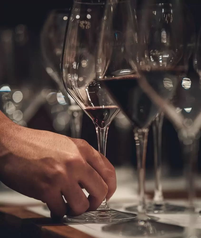 pessoa coloca mão direita em taça de vidro com vinho