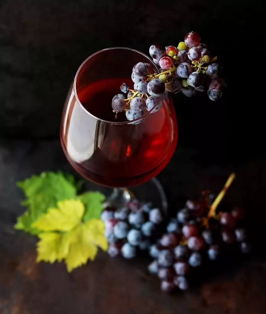 taça de vidro com vinho e uvas